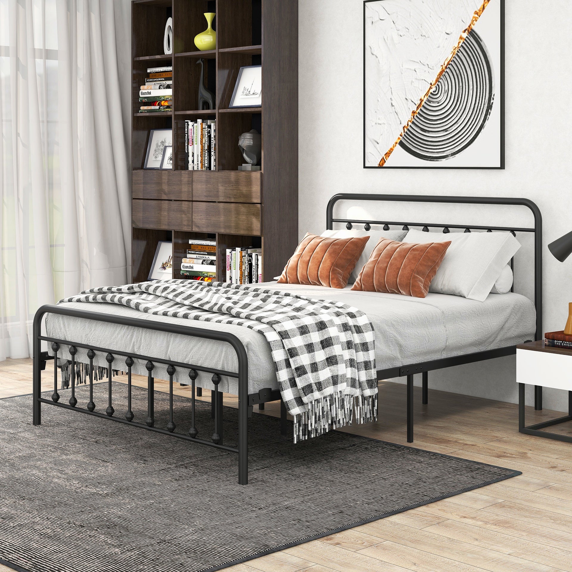 Metal Platform Bed Frame, Victorian Style Headboard/Footboard/Under Bed Storage/No Box Spring Needed/Queen Size Black