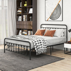 Metal Platform Bed Frame, Victorian Style Headboard/Footboard/Under Bed Storage/No Box Spring Needed/Queen Size Black