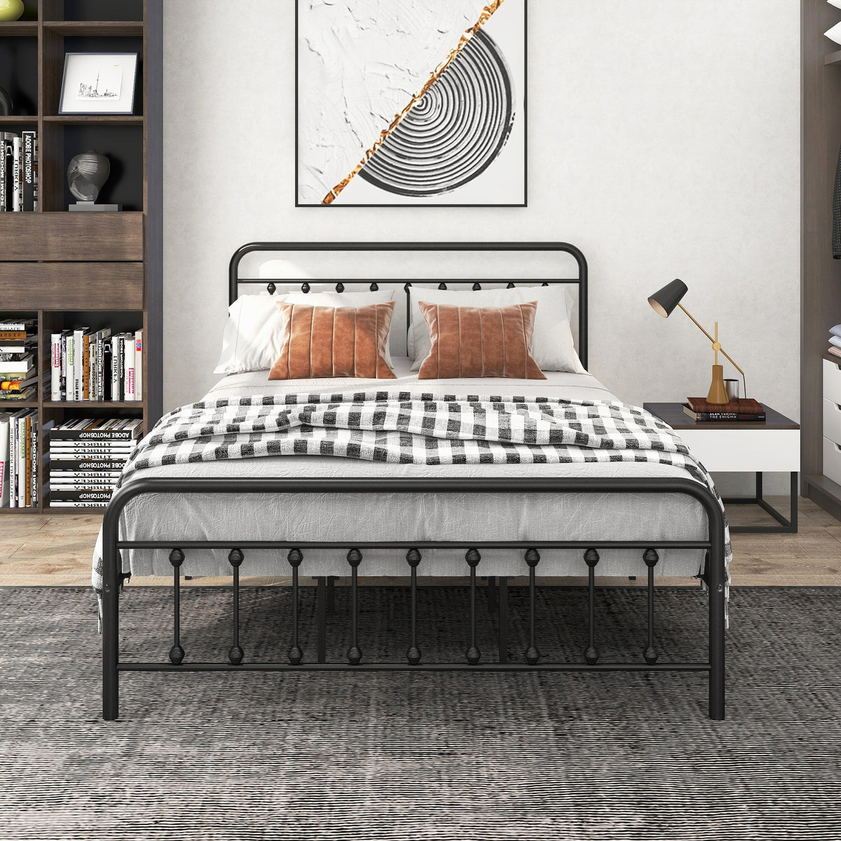 Metal Platform Bed Frame, Victorian Style Headboard/Footboard/Under Bed Storage/No Box Spring Needed/Queen Size Black