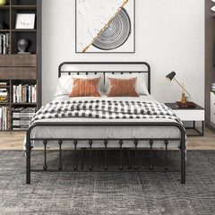 Metal Platform Bed Frame, Victorian Style Headboard/Footboard/Under Bed Storage/No Box Spring Needed/Queen Size Black