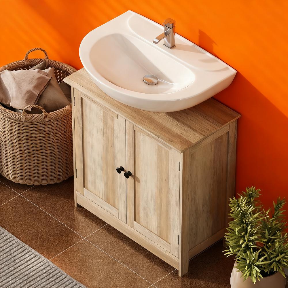 Bathroom Vanity Cabinet, Under Sink Bathroom Cabinet with 2 Doors and Adjustable Shelf, Weathered Gray Oak  (Without bathroom basin)