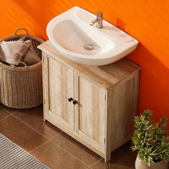 Bathroom Vanity Cabinet, Under Sink Bathroom Cabinet with 2 Doors and Adjustable Shelf, Weathered Gray Oak  (Without bathroom basin)