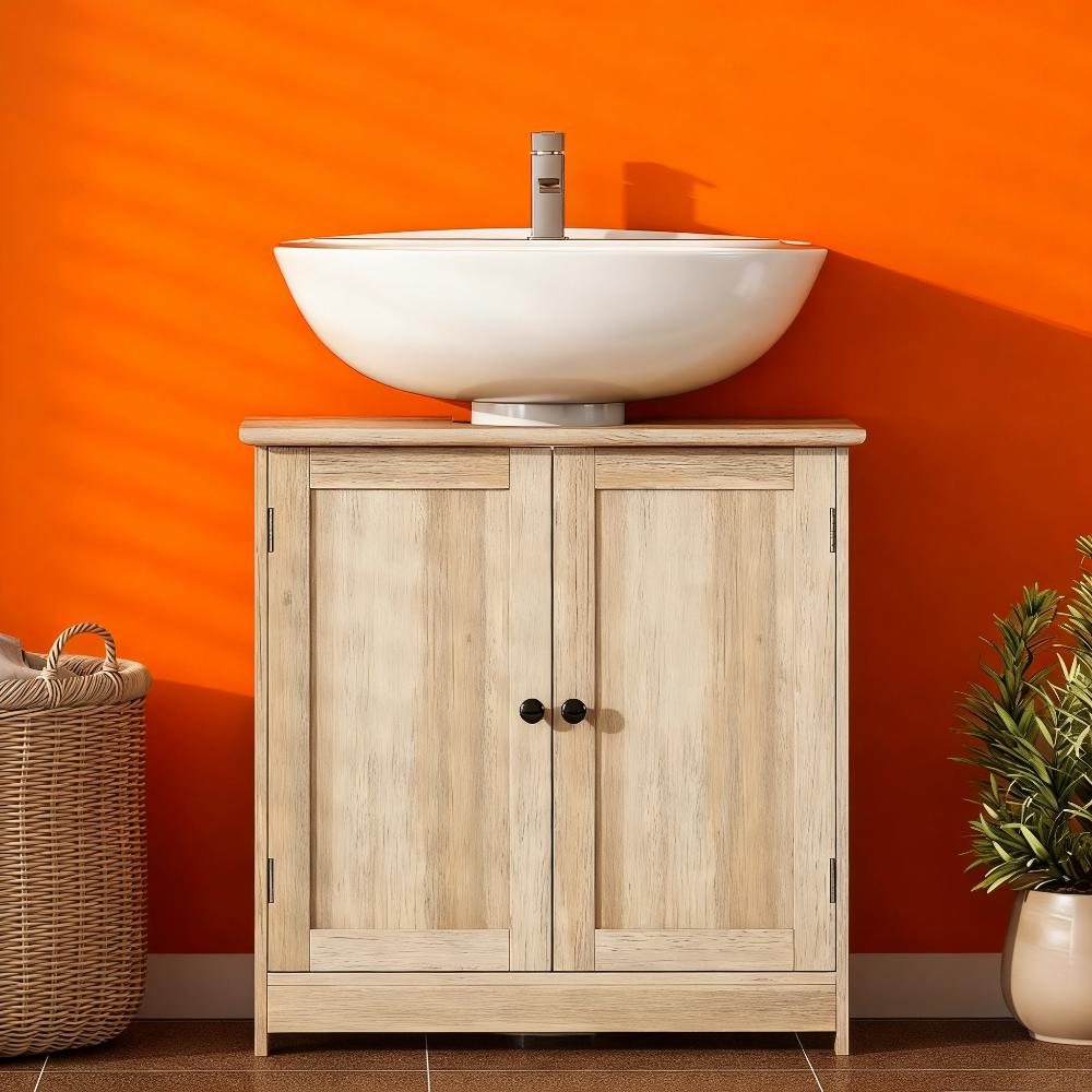 Bathroom Vanity Cabinet, Under Sink Bathroom Cabinet with 2 Doors and Adjustable Shelf, Weathered Gray Oak  (Without bathroom basin)