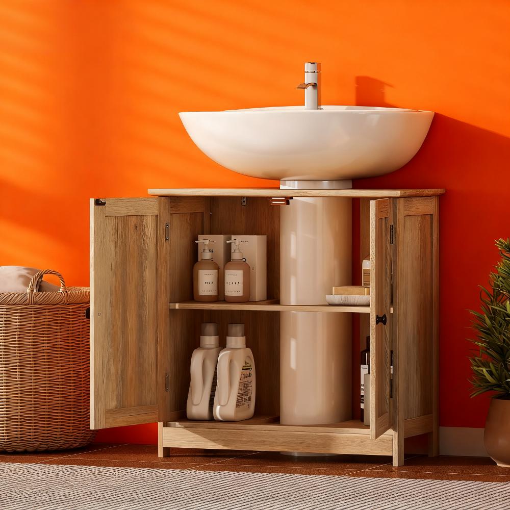 Bathroom Vanity Cabinet, Under Sink Bathroom Cabinet with 2 Doors and Adjustable Shelf, Weathered Gray Oak  (Without bathroom basin)