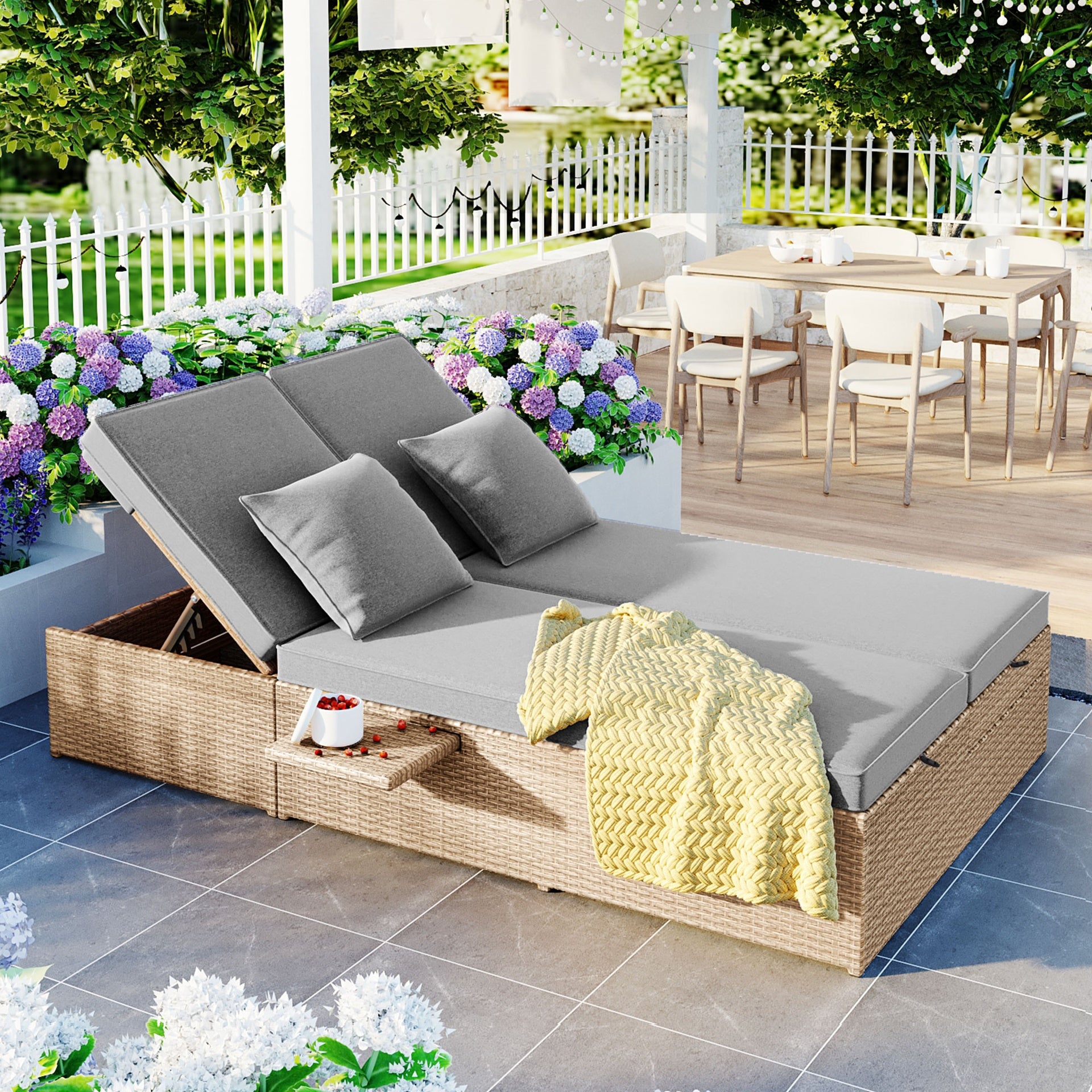TOPMAX Outdoor Double Sunbed, Wicker Rattan Patio Reclining Chairs with Adjustable Backrest and Seat, Conversational Set for 2 Person, Brown