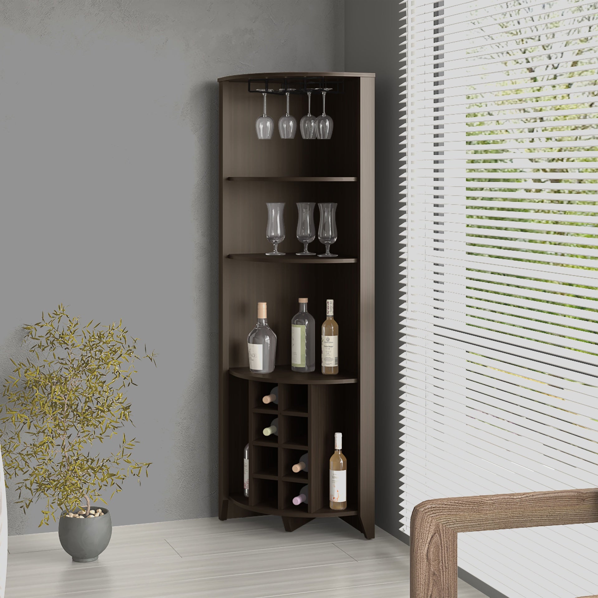 Bouvet Corner Bar Cabinet, Three Shelves, Eight Built-in Wine Rack, Two Side Shelves