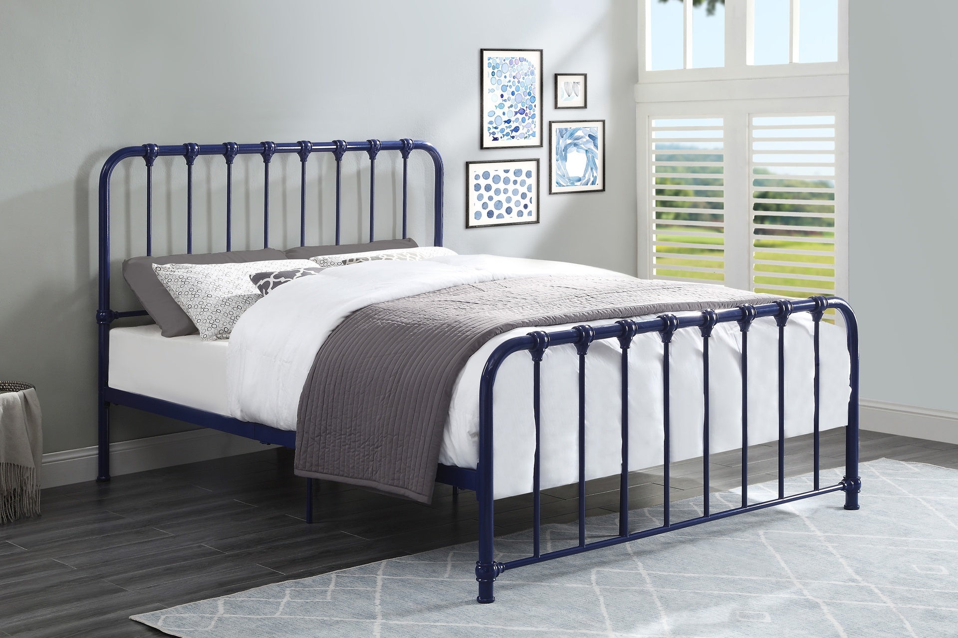 Metal Bed Blue Finish Queen Platform Bed 1pc, Bed in a Box