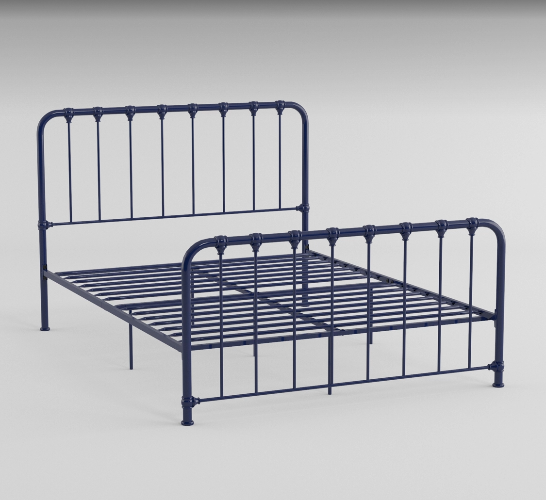 Metal Bed Blue Finish Queen Platform Bed 1pc, Bed in a Box