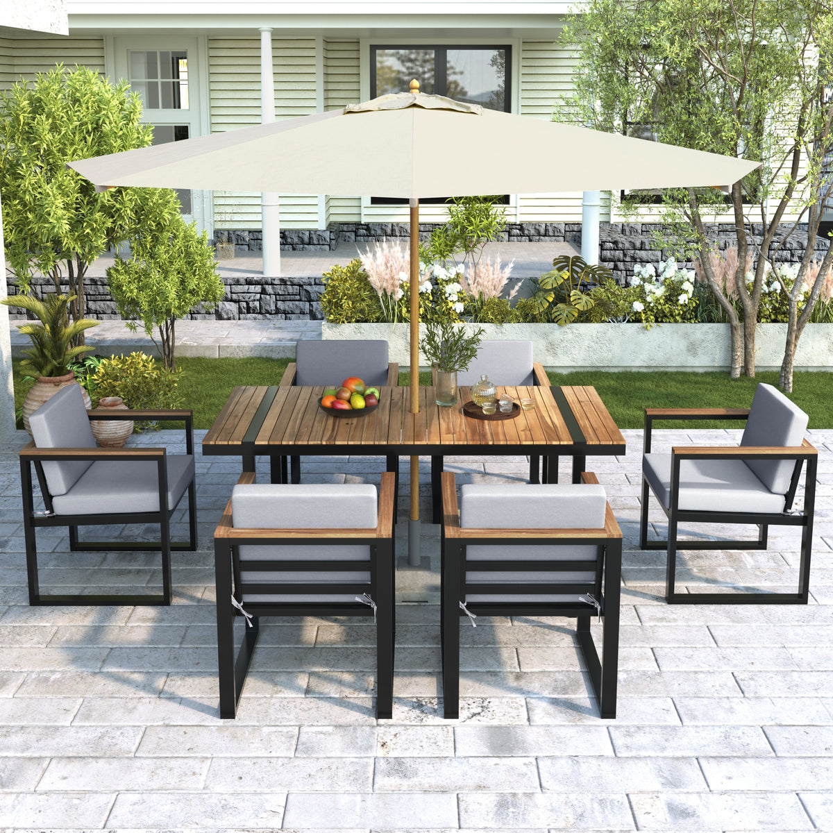 7 Pieces Outdoor Dining Set Patio Dining Table and Chair Set with and Removable Cushions for Patio, Backyard, Garden, Grey