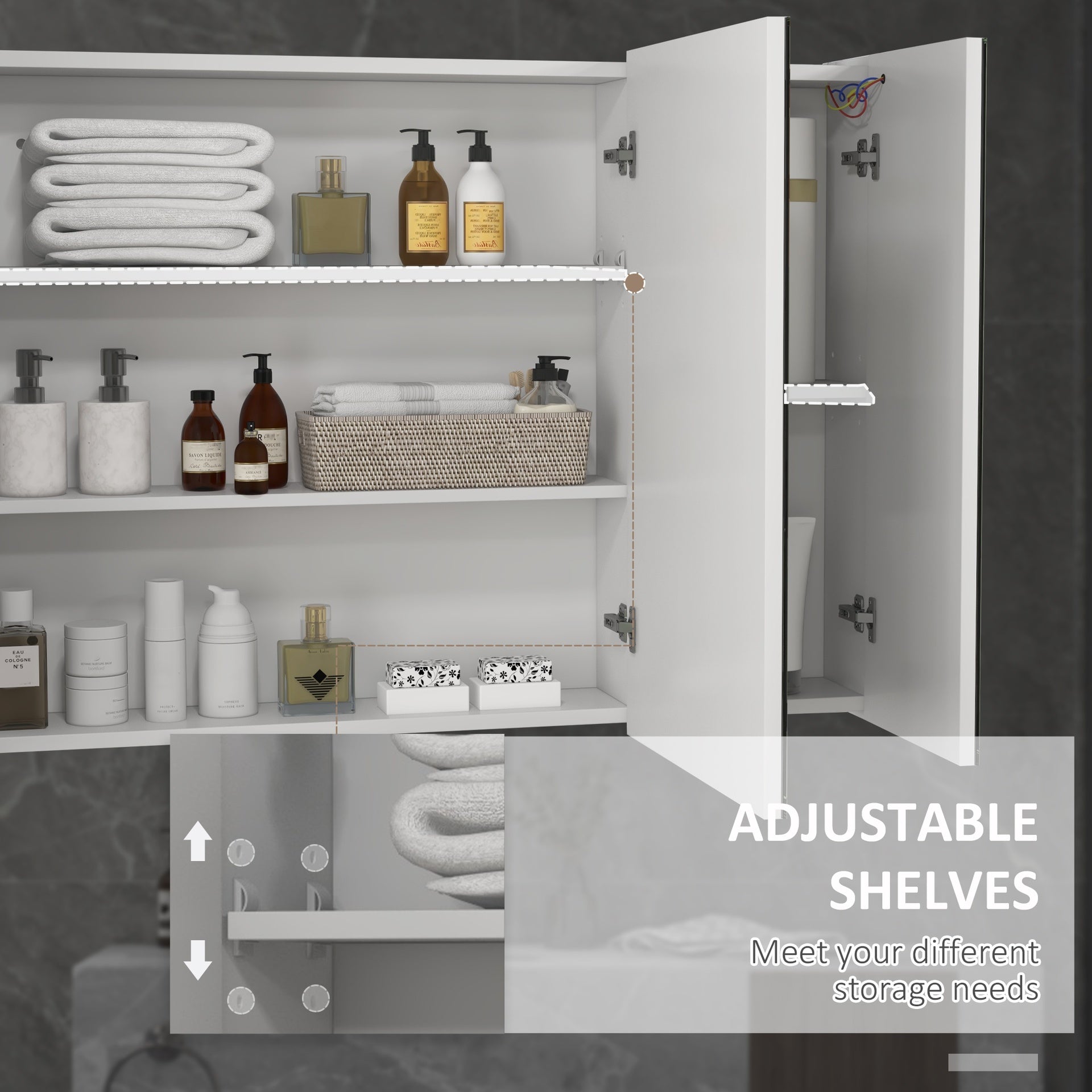 kleankin Lighted Medicine Cabinet with Mirror, 26" x 36" Wall Mounted Bathroom Mirror with Storage, 3-Color Bathroom Wall Cabinet with USB Charge, Adjustable Shelf, High Gloss White