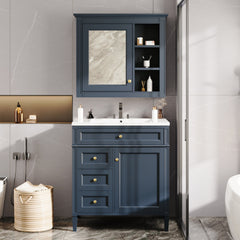 30'' Bathroom Vanity with Top Sink, Modern Bathroom Storage Cabinet with 2 Drawers and a Tip-out Drawer,  Freestanding Vanity Set with Mirror Cabinet, Single Sink Bathroom Vanity