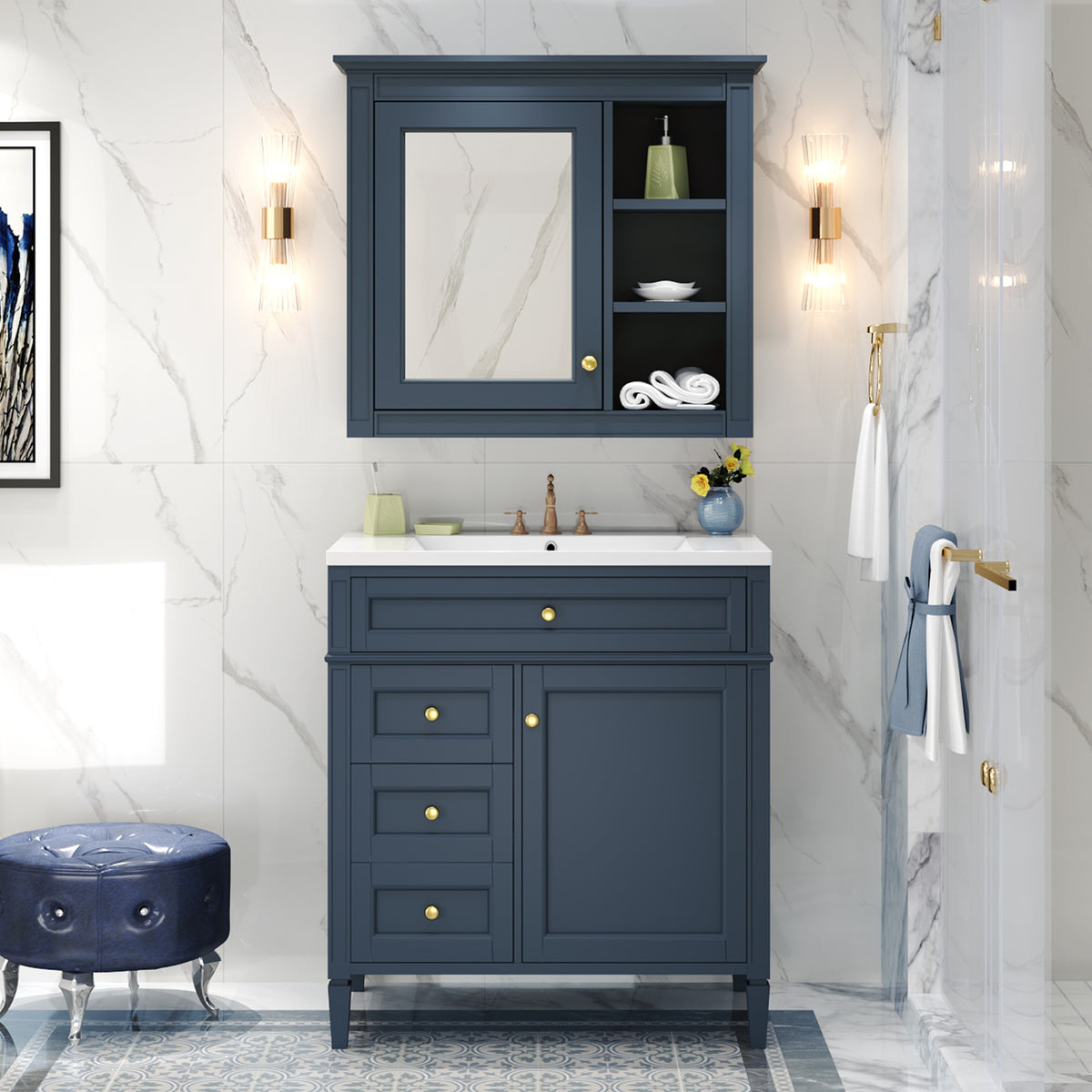 30'' Bathroom Vanity with Top Sink, Modern Bathroom Storage Cabinet with 2 Drawers and a Tip-out Drawer,  Freestanding Vanity Set with Mirror Cabinet, Single Sink Bathroom Vanity