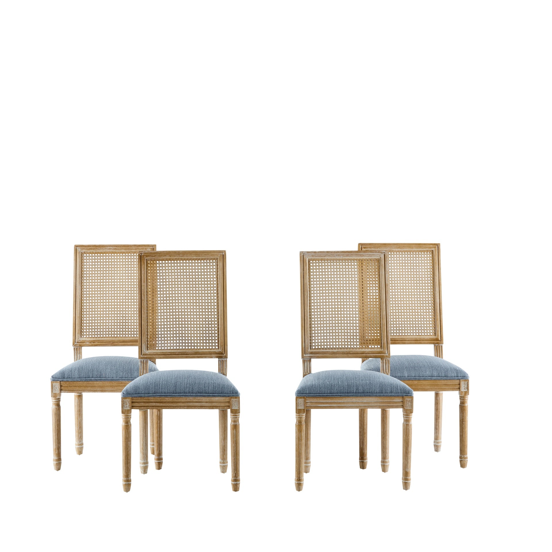 [Set of 4] French Country Dining Chairs - Elegant Cane Backrest & Upholstered Seats with Fluted Legs - Rustic Weathered Finish - Solid Rubberwood Frame - Vintage Inspired Kitchen & Dining Room Chairs