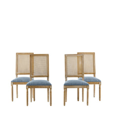[Set of 4] French Country Dining Chairs - Elegant Cane Backrest & Upholstered Seats with Fluted Legs - Rustic Weathered Finish - Solid Rubberwood Frame - Vintage Inspired Kitchen & Dining Room Chairs