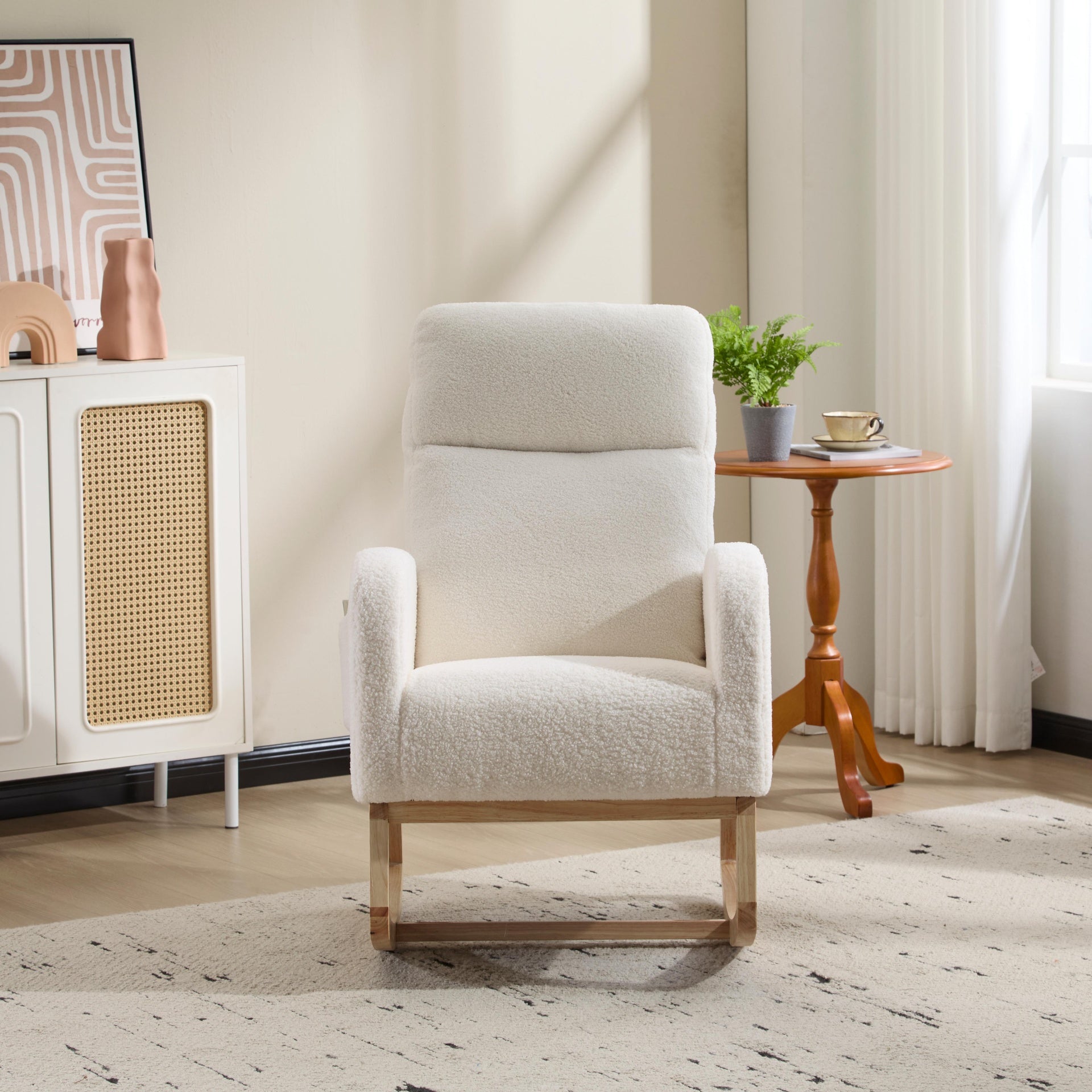 Modern Accent Rocking Chair Rocking Chair with Solid Wood Legs, Upholstered Nursery Glider Rocker, Comfy Armchair with Side Pocket, Living Room Lounge Arm Chair with High Backrest (white,teddy)