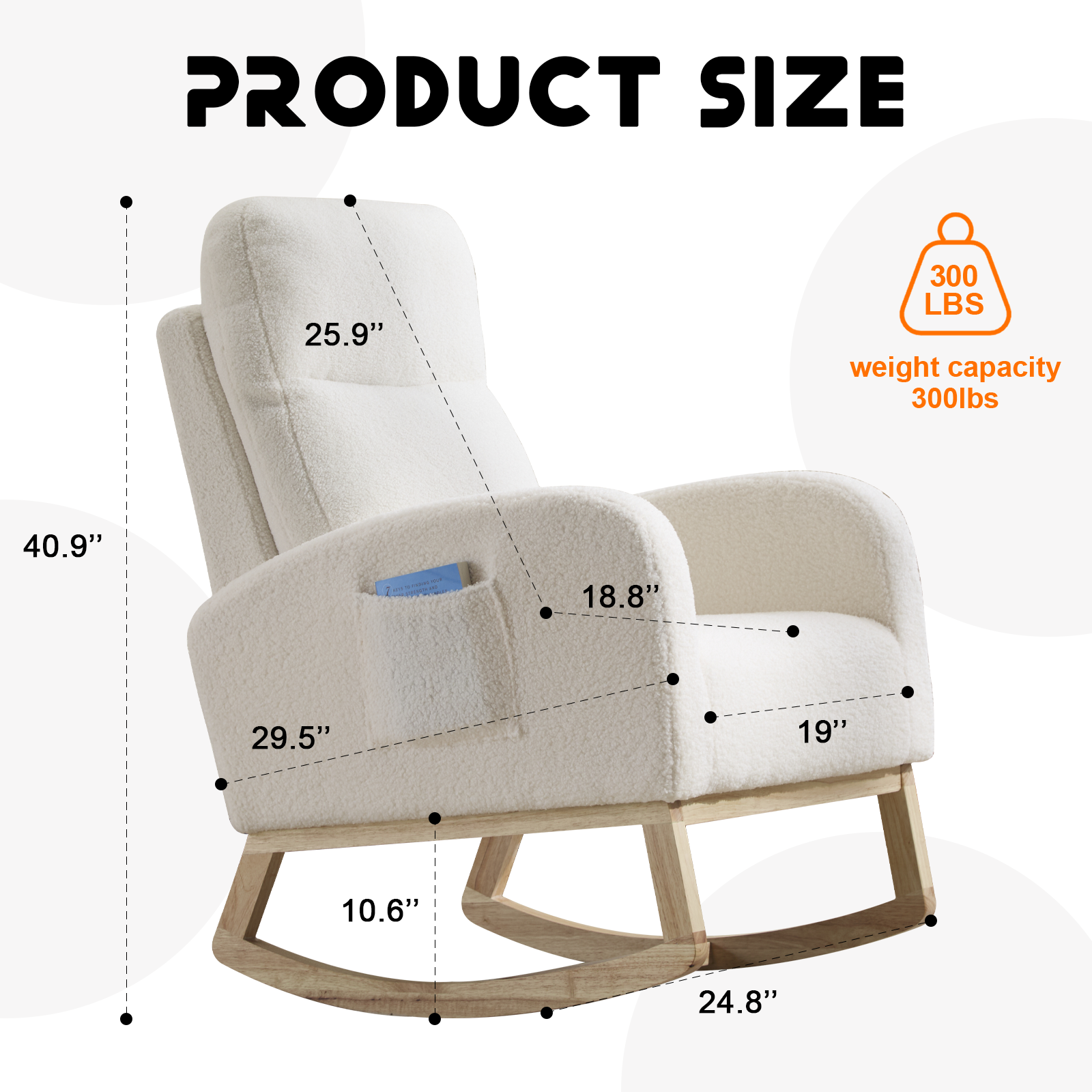 Modern Accent Rocking Chair Rocking Chair with Solid Wood Legs, Upholstered Nursery Glider Rocker, Comfy Armchair with Side Pocket, Living Room Lounge Arm Chair with High Backrest (white,teddy)