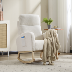 Modern Accent Rocking Chair Rocking Chair with Solid Wood Legs, Upholstered Nursery Glider Rocker, Comfy Armchair with Side Pocket, Living Room Lounge Arm Chair with High Backrest (white,teddy)