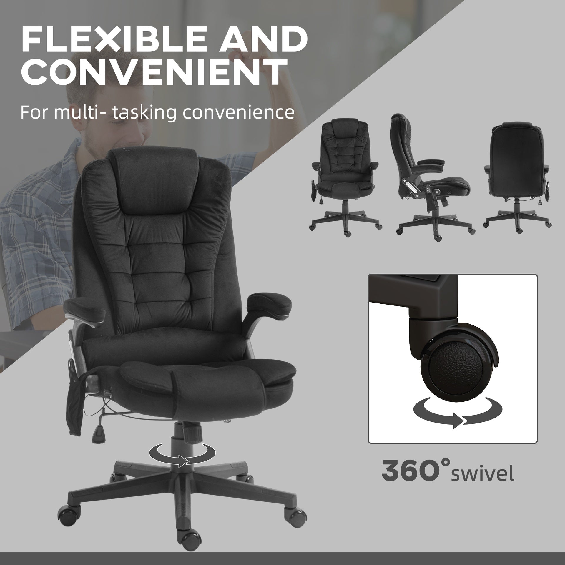HOMCOM 6 Point Vibrating Massage Office Chair with Heat, Velvet High Back Executive Office Chair with Reclining Backrest, Padded Armrests and Remote, Black