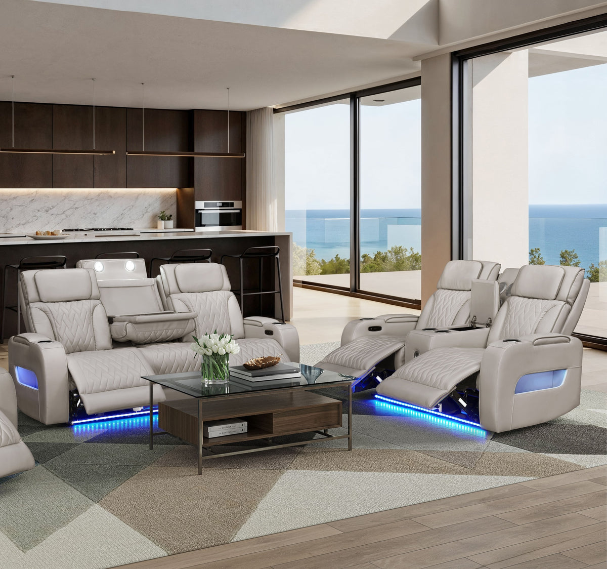 Jazz Ice Leather Aire Transformer Power Reclining Sofa & Loveseat Living Room Set w/Power Headrest, Bluetooth Speakers, LED Lights, Wireless Charging Drop-Down Table, USB Ports, Storage & Cupholders