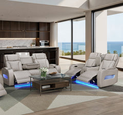 Jazz Ice Leather Aire Transformer Power Reclining Sofa & Loveseat Living Room Set w/Power Headrest, Bluetooth Speakers, LED Lights, Wireless Charging Drop-Down Table, USB Ports, Storage & Cupholders