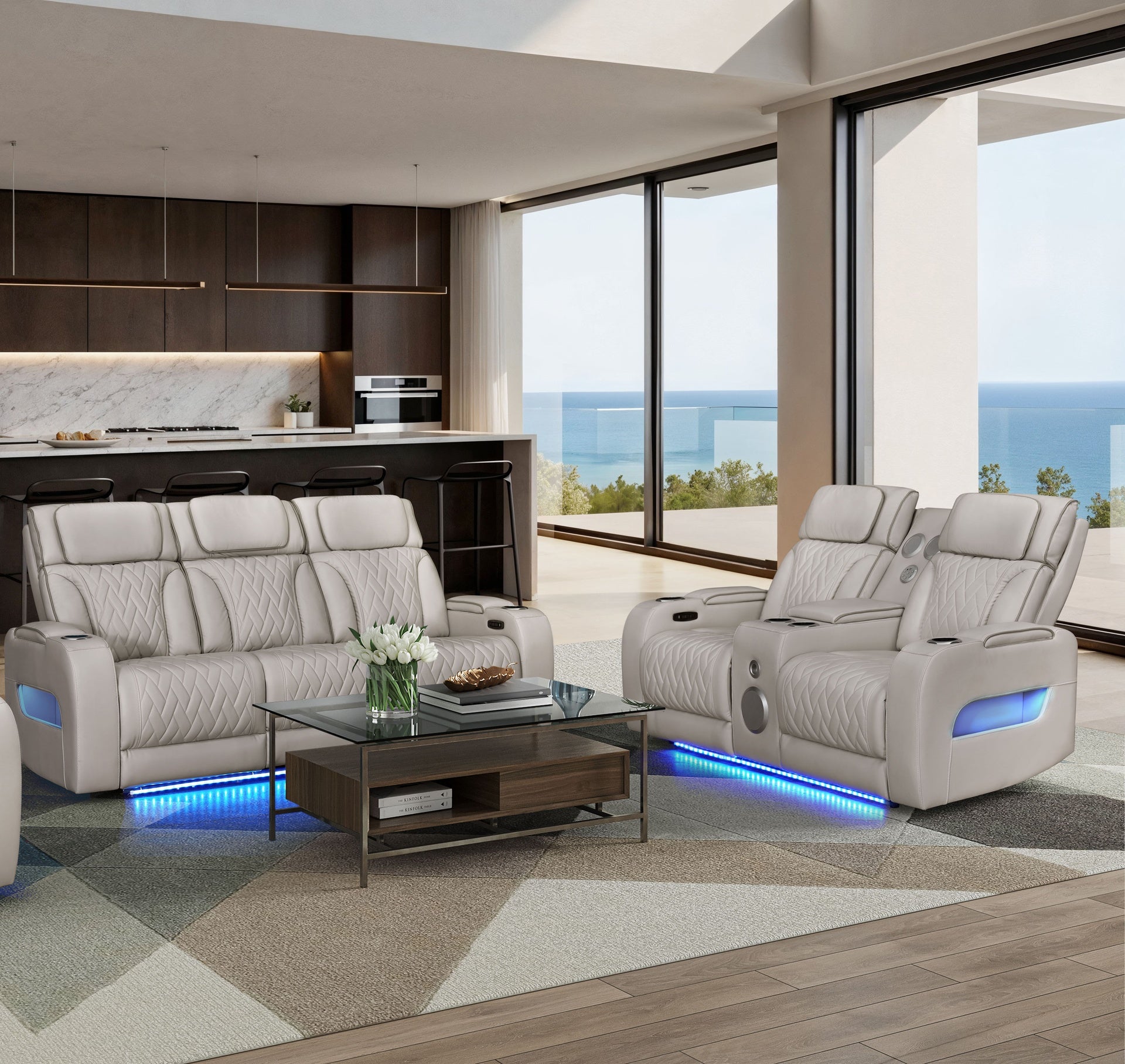 Jazz Ice Leather Aire Transformer Power Reclining Sofa & Loveseat Living Room Set w/Power Headrest, Bluetooth Speakers, LED Lights, Wireless Charging Drop-Down Table, USB Ports, Storage & Cupholders