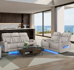 Jazz Ice Leather Aire Transformer Power Reclining Sofa & Loveseat Living Room Set w/Power Headrest, Bluetooth Speakers, LED Lights, Wireless Charging Drop-Down Table, USB Ports, Storage & Cupholders