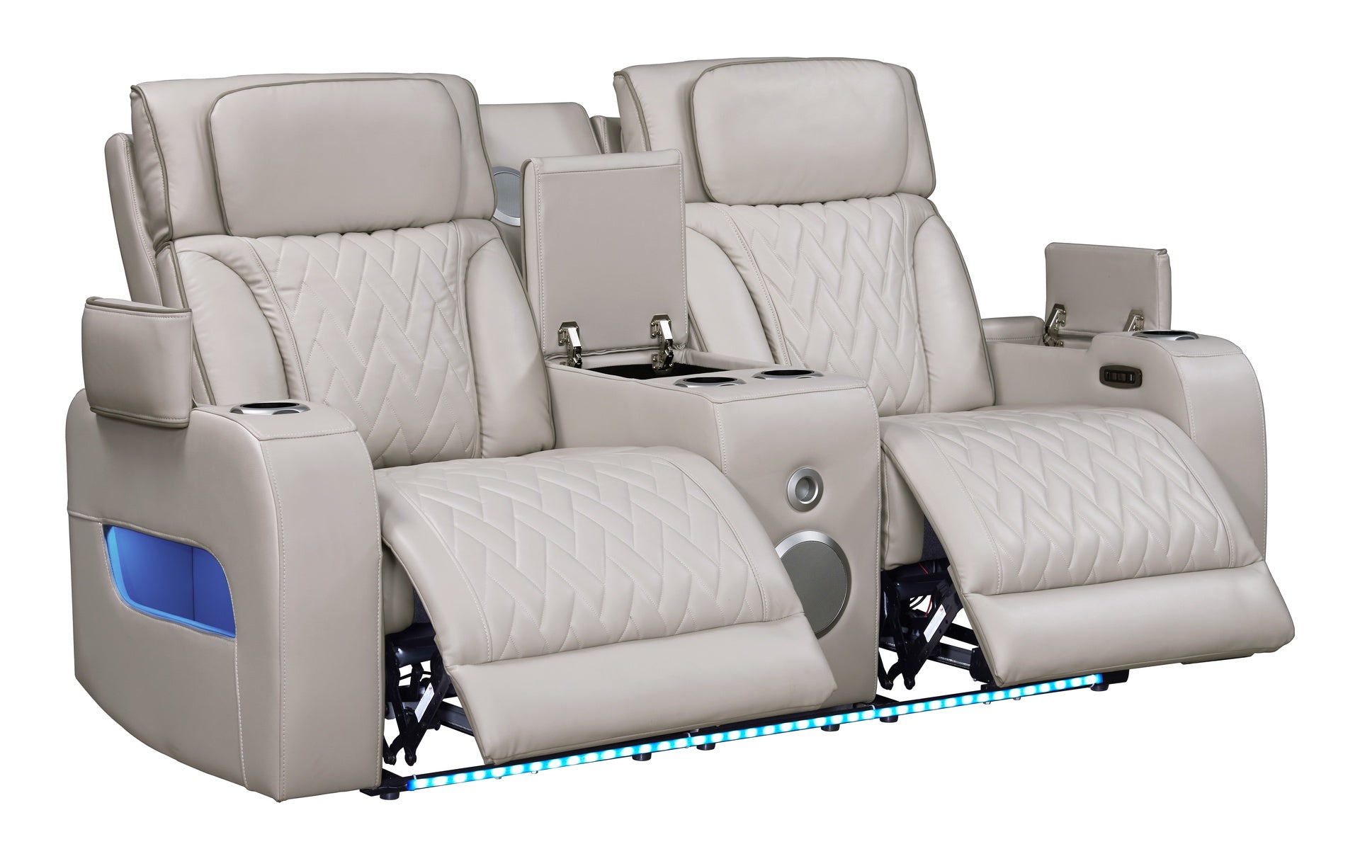 Jazz 74"W Ice Leather Aire Transformer Power Reclining Loveseat with Power Headrest, Bluetooth Speakers, LED Lights, USB & USB-C Ports, Storage & Cupholders