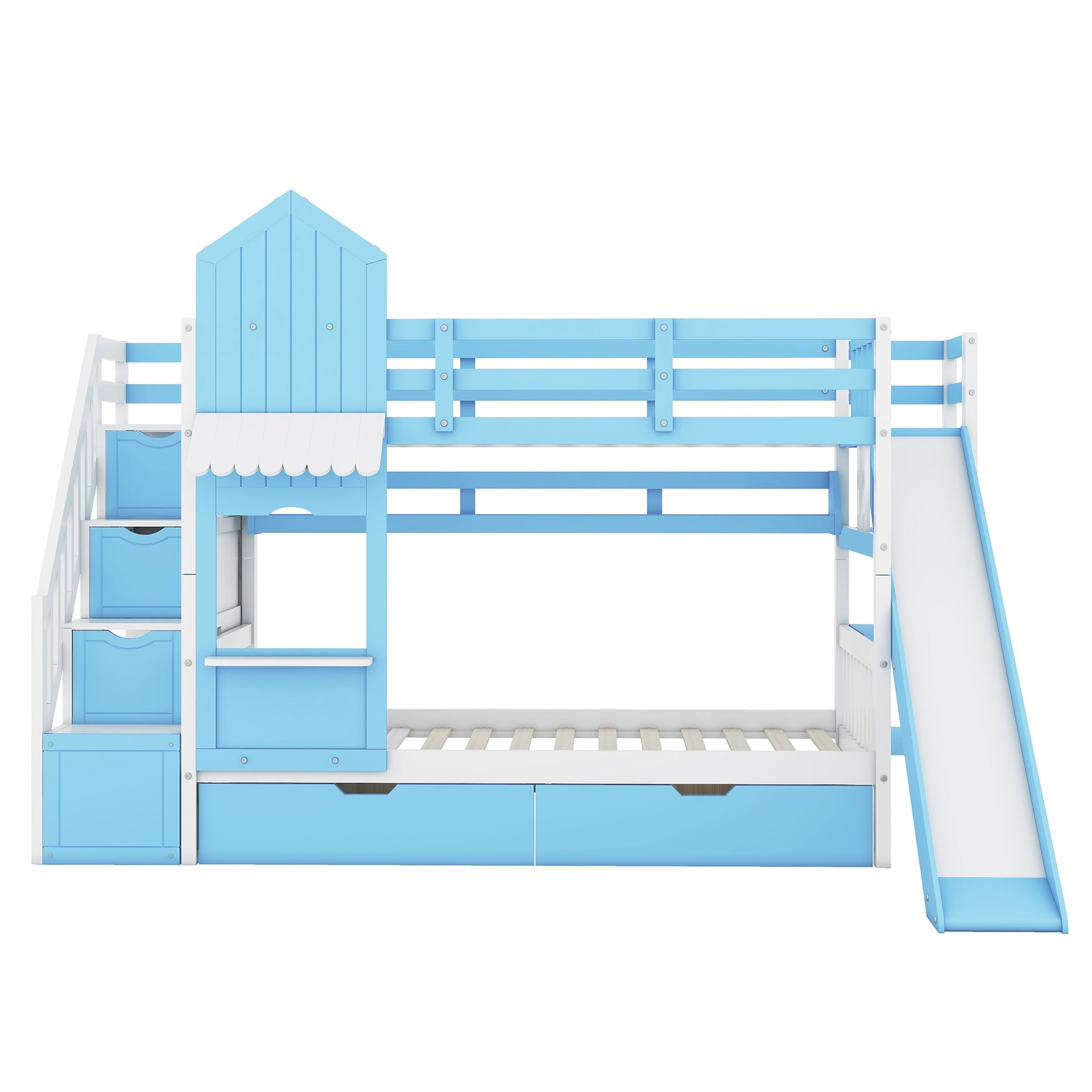 Twin-Over-Twin Castle Style Bunk Bed with 2 Drawers 3 Shelves and Slide - Blue(OLD SKU:LT000559AAC-1)