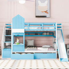 Twin-Over-Twin Castle Style Bunk Bed with 2 Drawers 3 Shelves and Slide - Blue(OLD SKU:LT000559AAC-1)