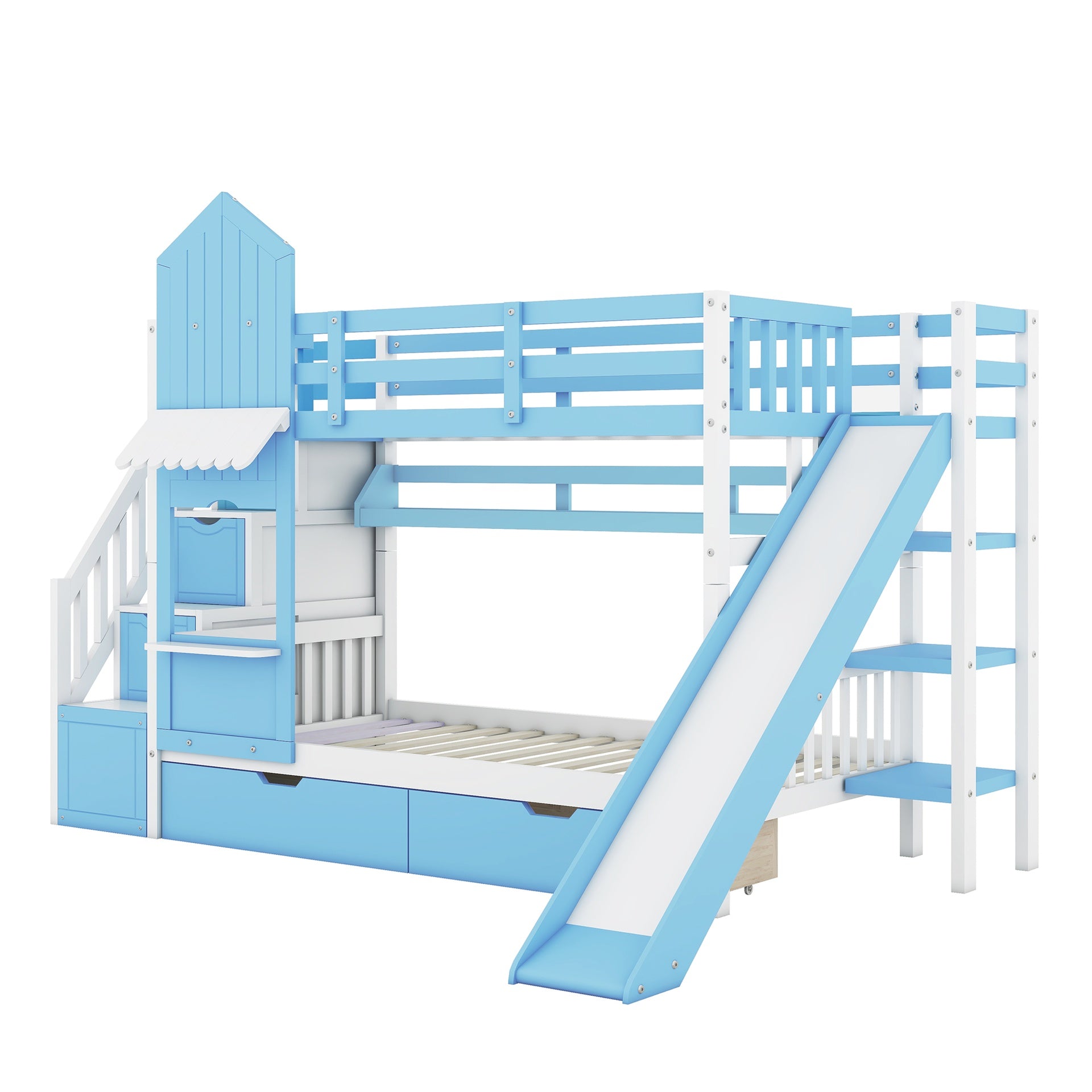 Twin-Over-Twin Castle Style Bunk Bed with 2 Drawers 3 Shelves and Slide - Blue(OLD SKU:LT000559AAC-1)