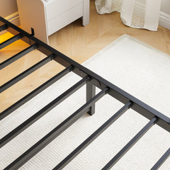 Twin Size Bed Frame Heavy Duty Platform Bed Frame with Headboard, USB Charging Station, LED Bed, No Box Spring Needed, Mattress Foundation, Strong Steel Slats, Noise Free, Brown