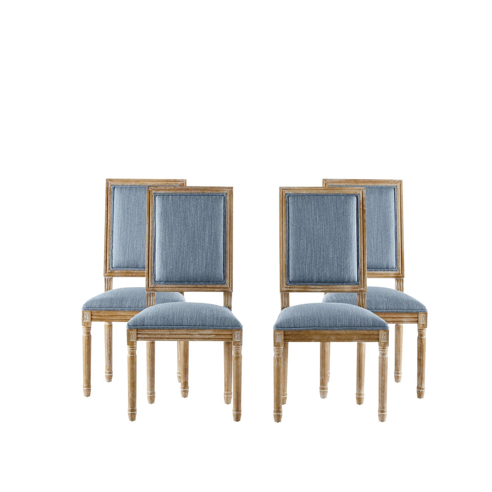 [Set of 4] French Country Dining Chairs - Elegant Cane Backrest & Upholstered Seats with Fluted Legs - Rustic Weathered Finish - Solid Rubberwood Frame - Vintage Inspired Kitchen & Dining Room Chairs