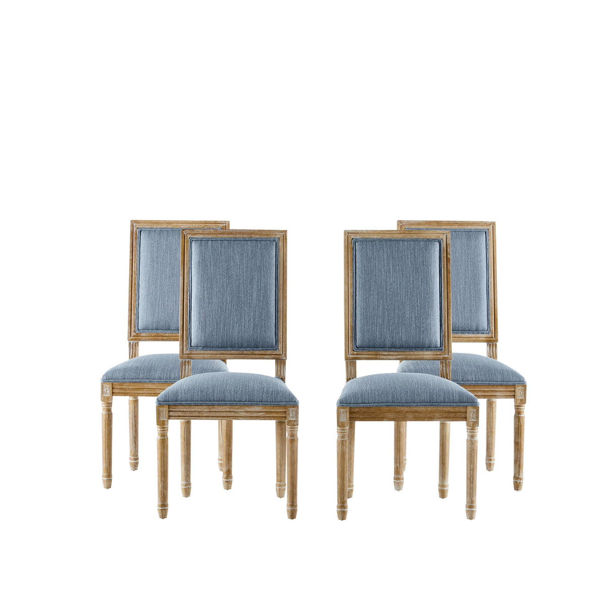[Set of 4] French Country Dining Chairs - Elegant Cane Backrest & Upholstered Seats with Fluted Legs - Rustic Weathered Finish - Solid Rubberwood Frame - Vintage Inspired Kitchen & Dining Room Chairs