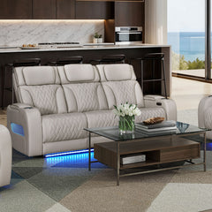 Jazmina 84"W Ice White Leather Aire Transformer Power Reclining Sofa with Power Headrest, LED Lights, Wireless Charging Drop-Down Table, USB & USB-C Ports, Storage & Cupholders