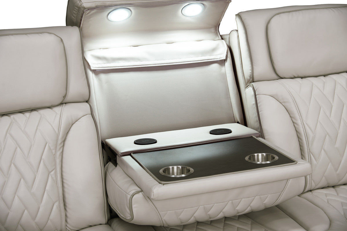 Jazmina 84"W Ice White Leather Aire Transformer Power Reclining Sofa with Power Headrest, LED Lights, Wireless Charging Drop-Down Table, USB & USB-C Ports, Storage & Cupholders