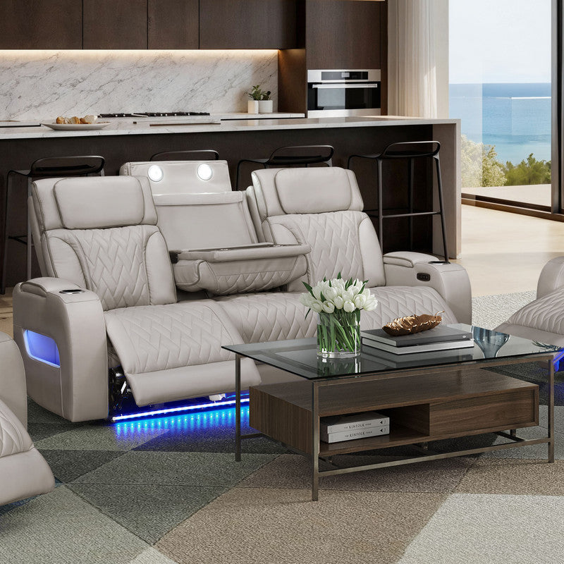 Jazmina 84"W Ice White Leather Aire Transformer Power Reclining Sofa with Power Headrest, LED Lights, Wireless Charging Drop-Down Table, USB & USB-C Ports, Storage & Cupholders