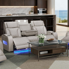 Jazmina 84"W Ice White Leather Aire Transformer Power Reclining Sofa with Power Headrest, LED Lights, Wireless Charging Drop-Down Table, USB & USB-C Ports, Storage & Cupholders