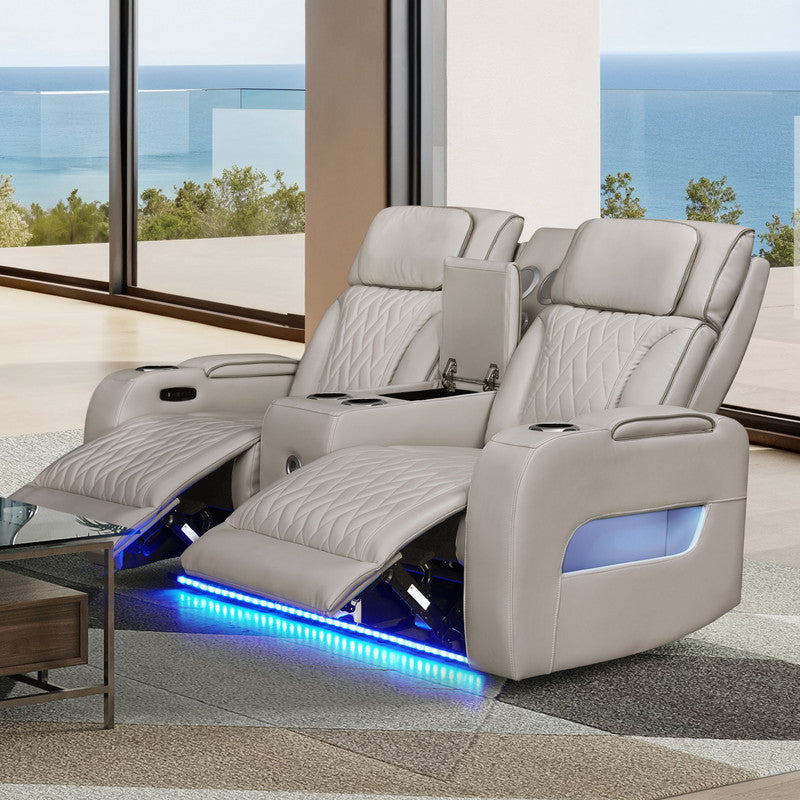 Jazmina 74"W Ice White Leather Aire Transformer Power Reclining Loveseat with Power Headrest, Bluetooth Speakers, LED Lights, USB & USB-C Ports, Storage & Cupholders