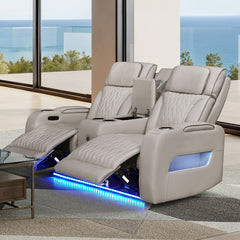 Jazmina 74"W Ice White Leather Aire Transformer Power Reclining Loveseat with Power Headrest, Bluetooth Speakers, LED Lights, USB & USB-C Ports, Storage & Cupholders
