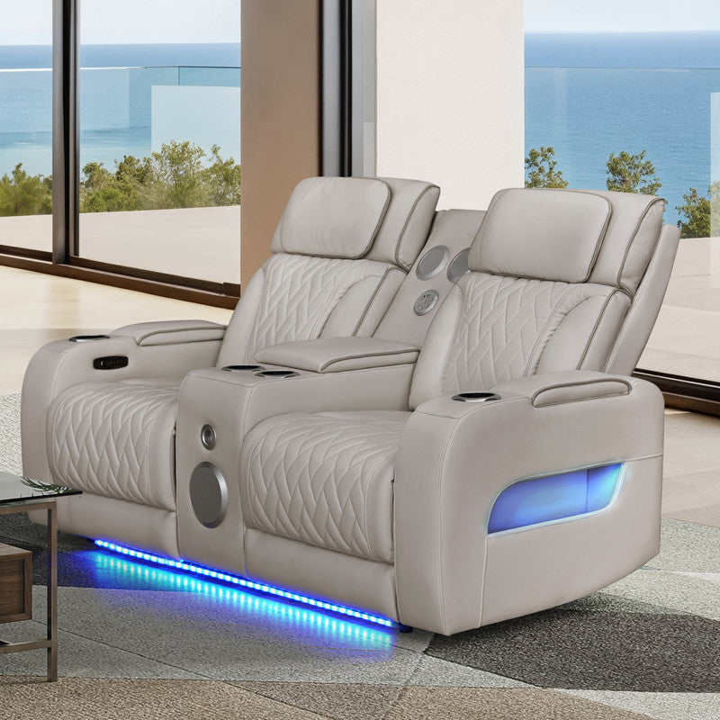 Jazmina 74"W Ice White Leather Aire Transformer Power Reclining Loveseat with Power Headrest, Bluetooth Speakers, LED Lights, USB & USB-C Ports, Storage & Cupholders