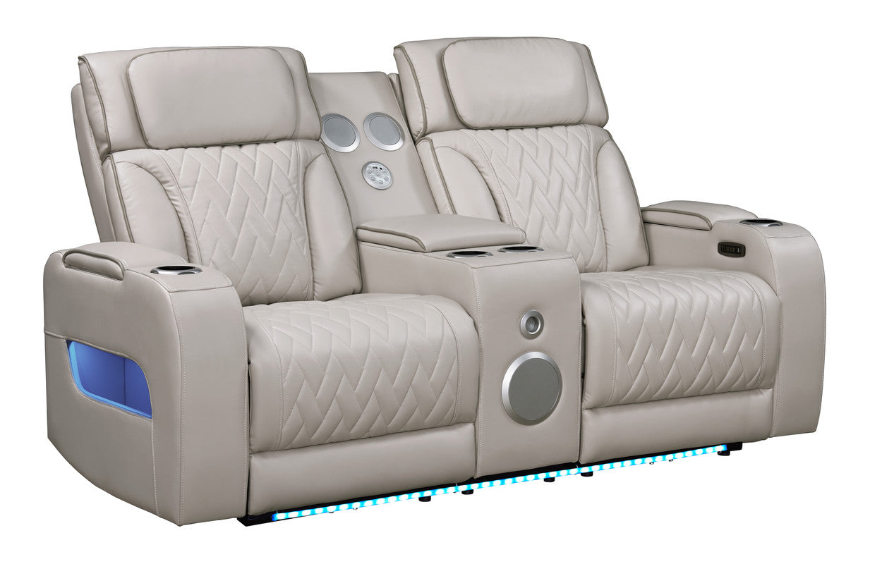 Jazmina 74"W Ice White Leather Aire Transformer Power Reclining Loveseat with Power Headrest, Bluetooth Speakers, LED Lights, USB & USB-C Ports, Storage & Cupholders