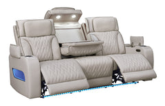 Jazmina Ice Leather Aire Transformer Power Reclining Sofa & Loveseat Living Room Set w/Power Headrest, Bluetooth Speakers, LED, Wireless Charging Drop-Down Table, USB Ports, Storage & Cupholders