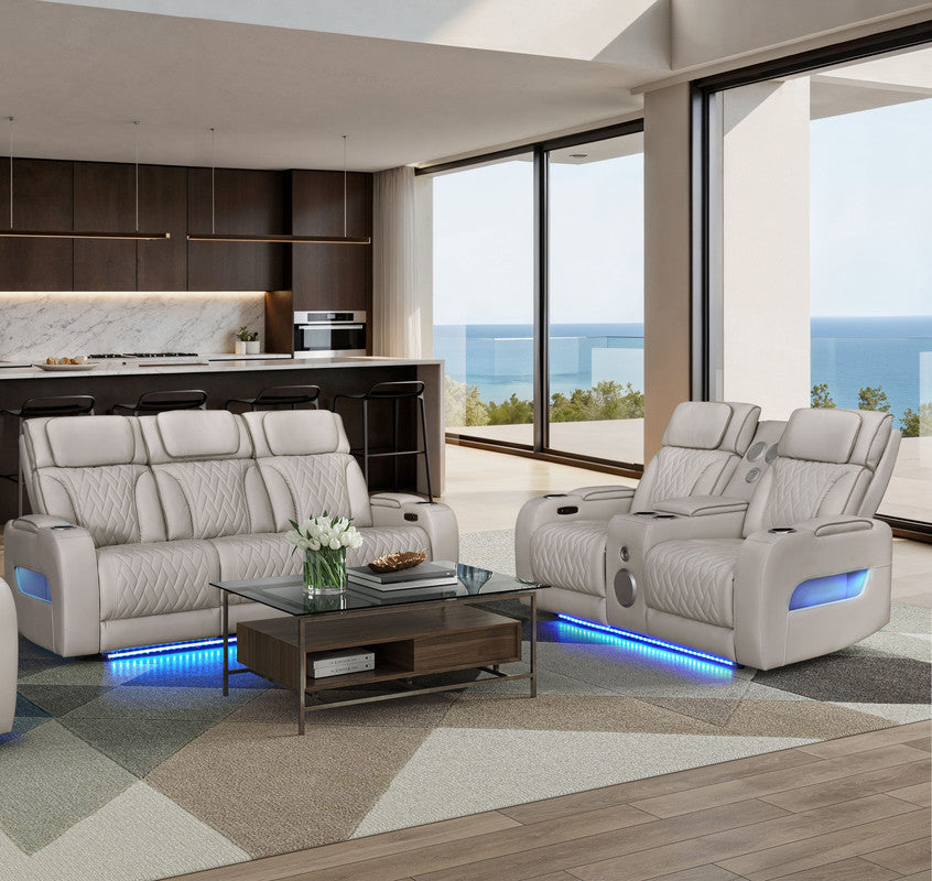 Jazmina Ice Leather Aire Transformer Power Reclining Sofa & Loveseat Living Room Set w/Power Headrest, Bluetooth Speakers, LED, Wireless Charging Drop-Down Table, USB Ports, Storage & Cupholders