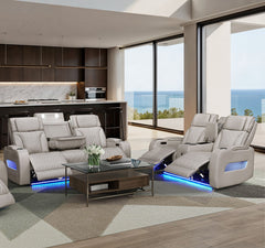 Jazmina Ice Leather Aire Transformer Power Reclining Sofa & Loveseat Living Room Set w/Power Headrest, Bluetooth Speakers, LED, Wireless Charging Drop-Down Table, USB Ports, Storage & Cupholders