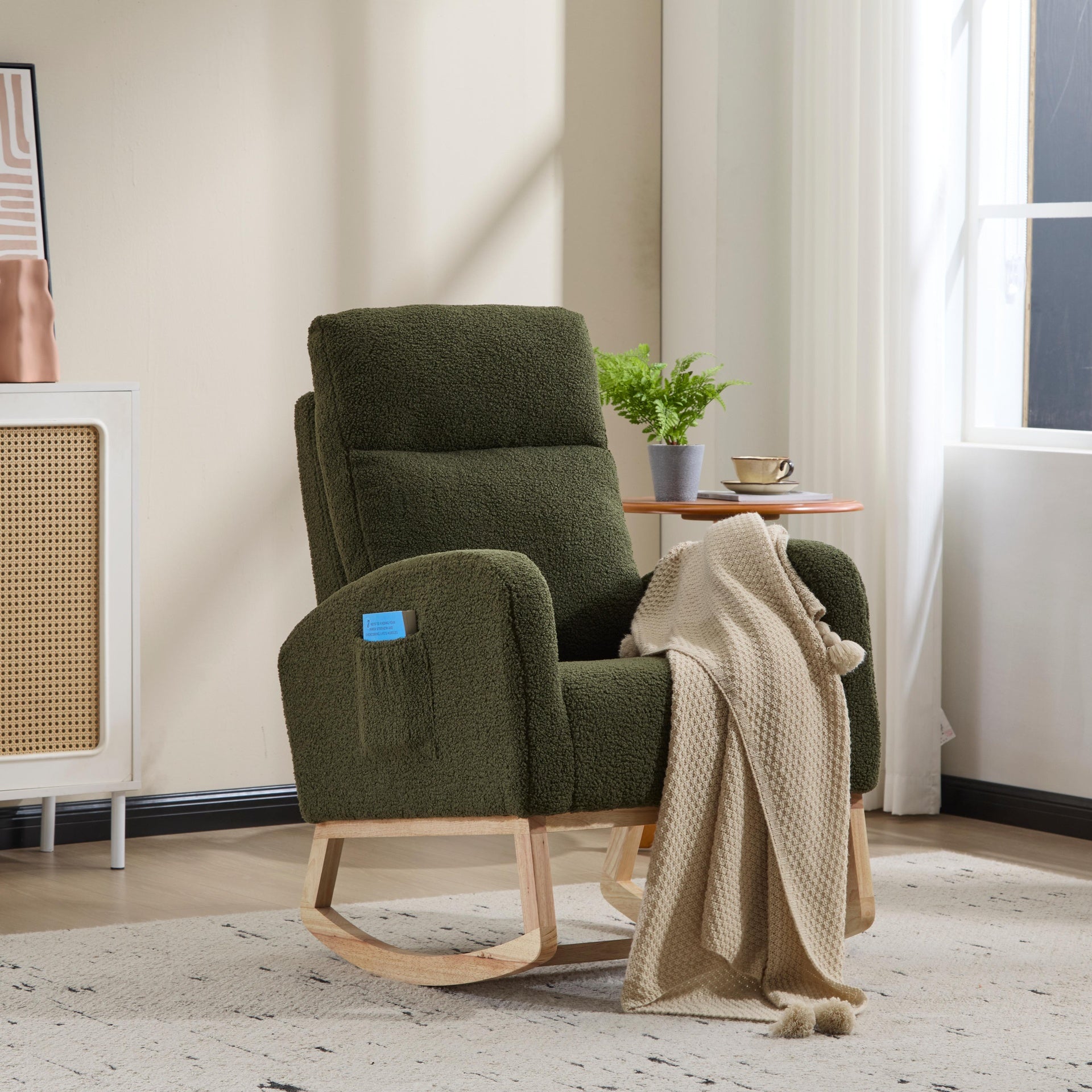 Modern Accent Rocking Chair Rocking Chair with Solid Wood Legs, Upholstered Nursery Glider Rocker, Comfy Armchair with Side Pocket, Living Room Lounge Arm Chair with High Backrest (green,teddy)