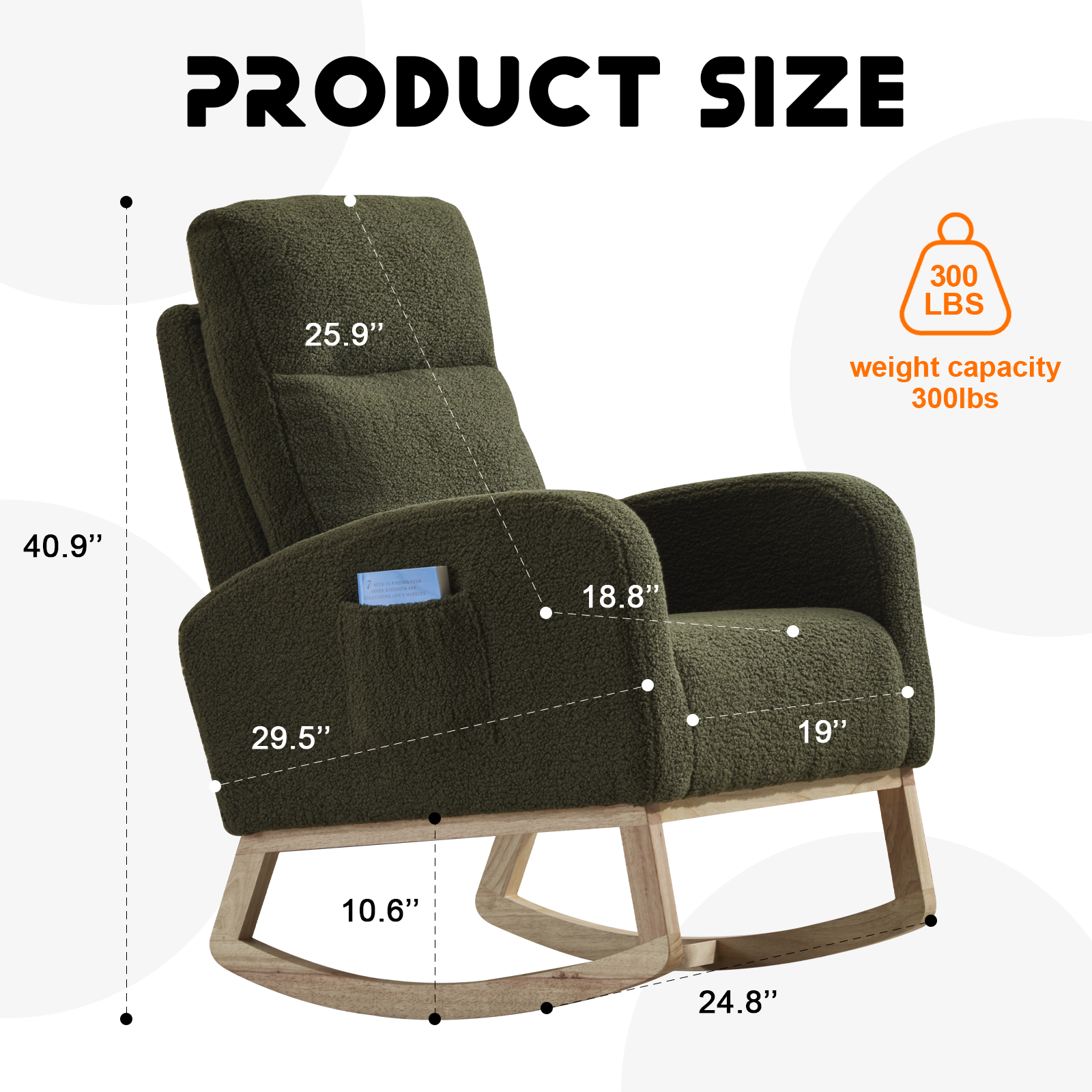 Modern Accent Rocking Chair Rocking Chair with Solid Wood Legs, Upholstered Nursery Glider Rocker, Comfy Armchair with Side Pocket, Living Room Lounge Arm Chair with High Backrest (green,teddy)
