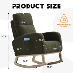 Modern Accent Rocking Chair Rocking Chair with Solid Wood Legs, Upholstered Nursery Glider Rocker, Comfy Armchair with Side Pocket, Living Room Lounge Arm Chair with High Backrest (green,teddy)