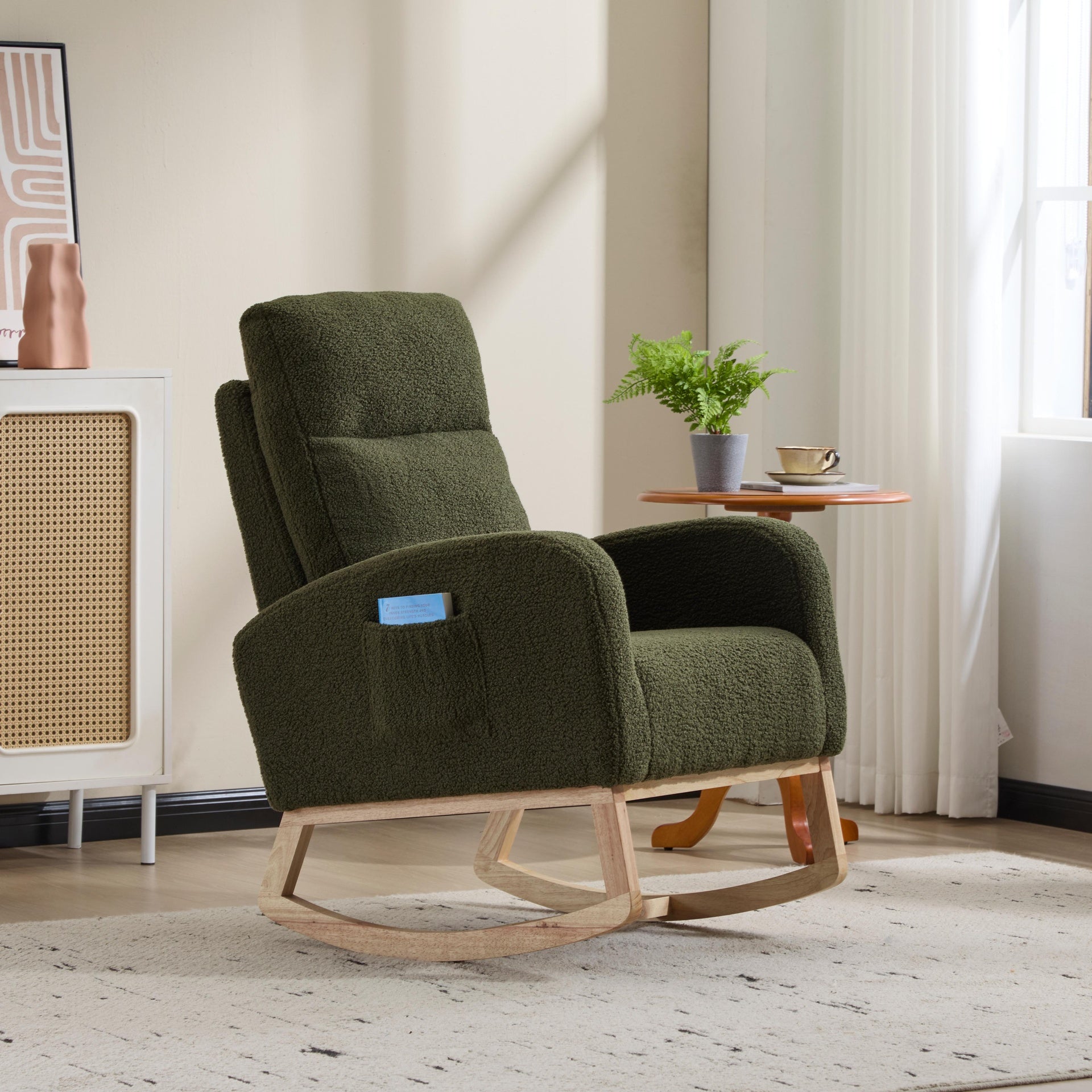 Modern Accent Rocking Chair Rocking Chair with Solid Wood Legs, Upholstered Nursery Glider Rocker, Comfy Armchair with Side Pocket, Living Room Lounge Arm Chair with High Backrest (green,teddy)