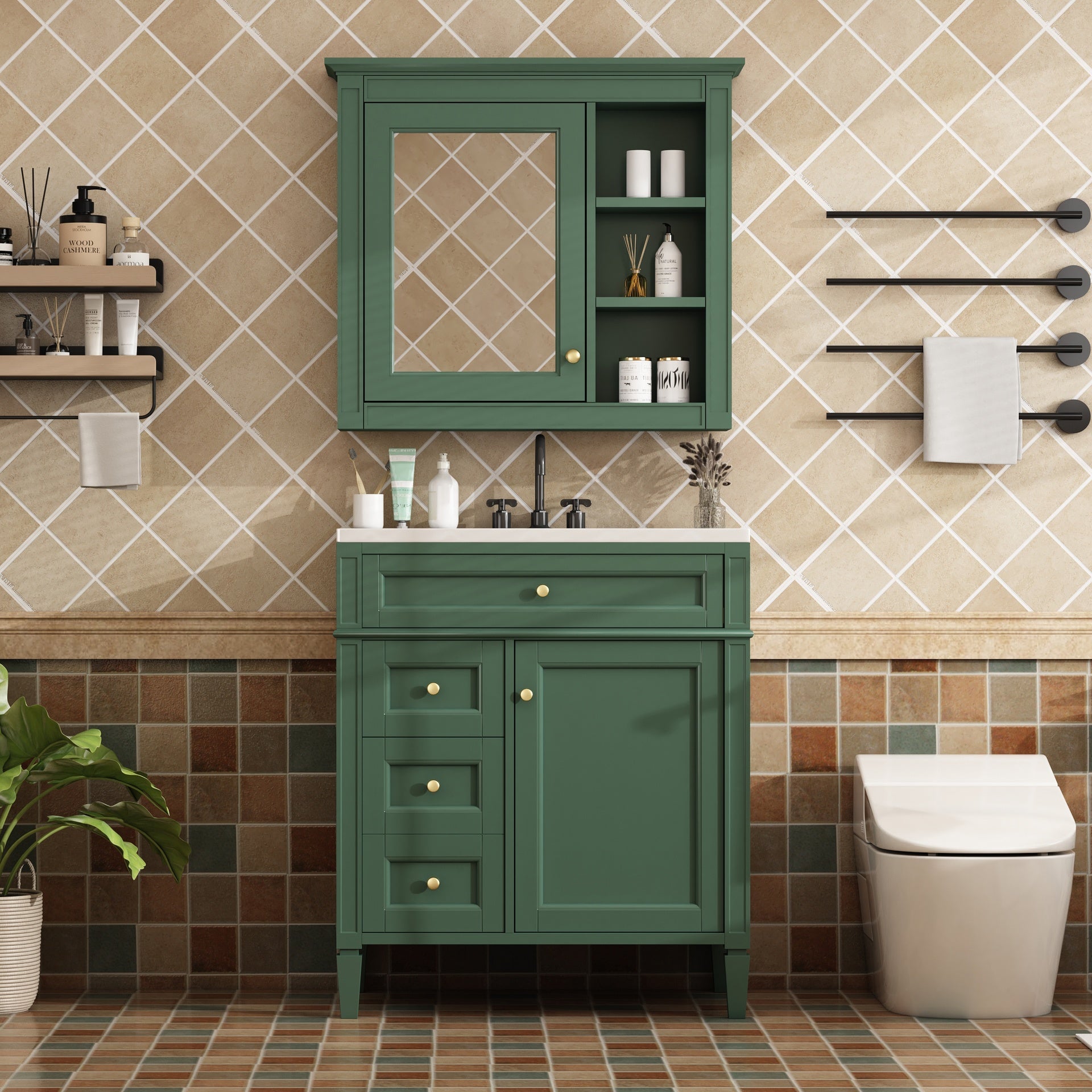 30'' Bathroom Vanity with Top Sink, Modern Bathroom Storage Cabinet with 2 Drawers and a Tip-out Drawer, Freestanding Vanity Set with Mirror Cabinet, Single Sink Bathroom Vanity (Same as SW000126AAF)