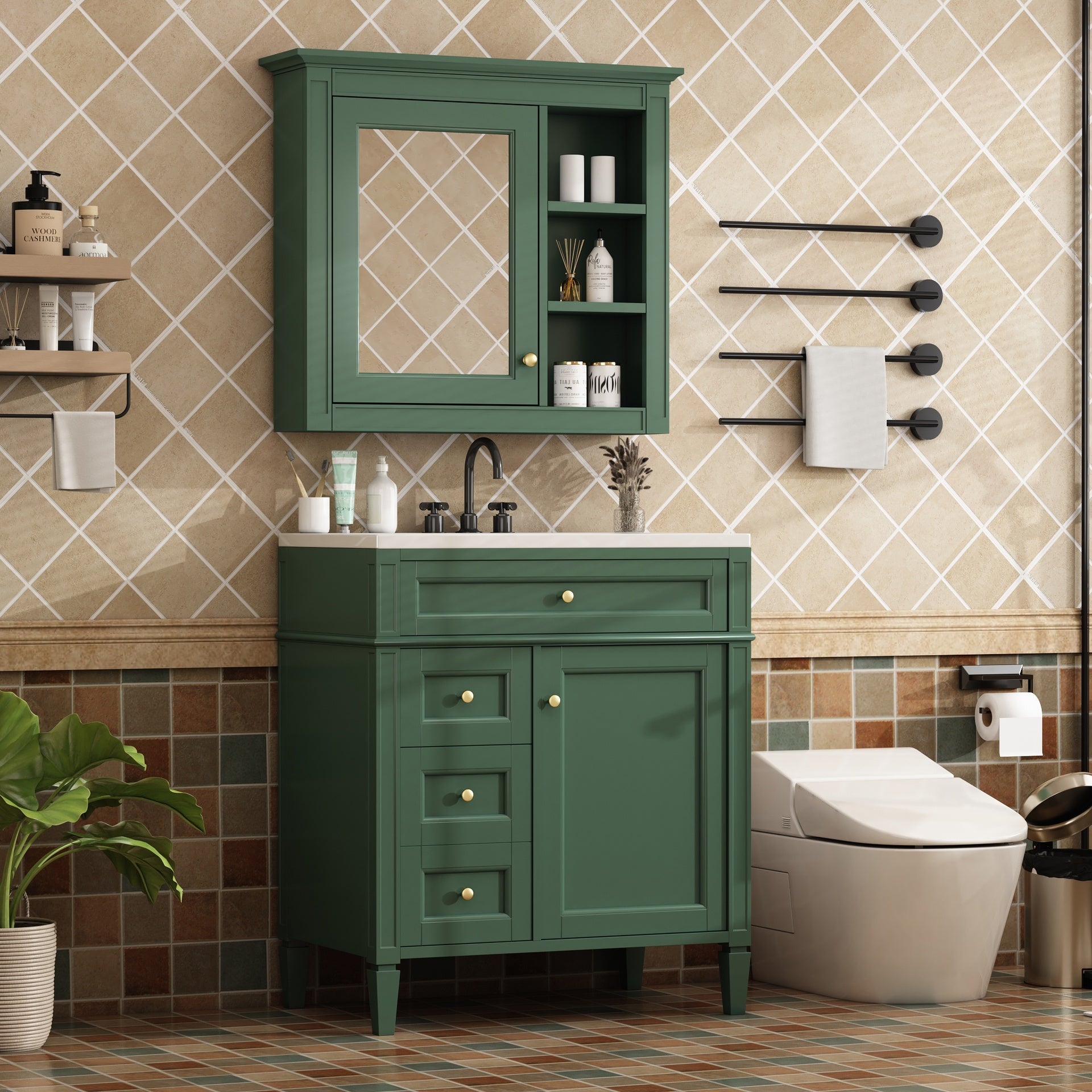 30'' Bathroom Vanity with Top Sink, Modern Bathroom Storage Cabinet with 2 Drawers and a Tip-out Drawer, Freestanding Vanity Set with Mirror Cabinet, Single Sink Bathroom Vanity (Same as SW000126AAF)
